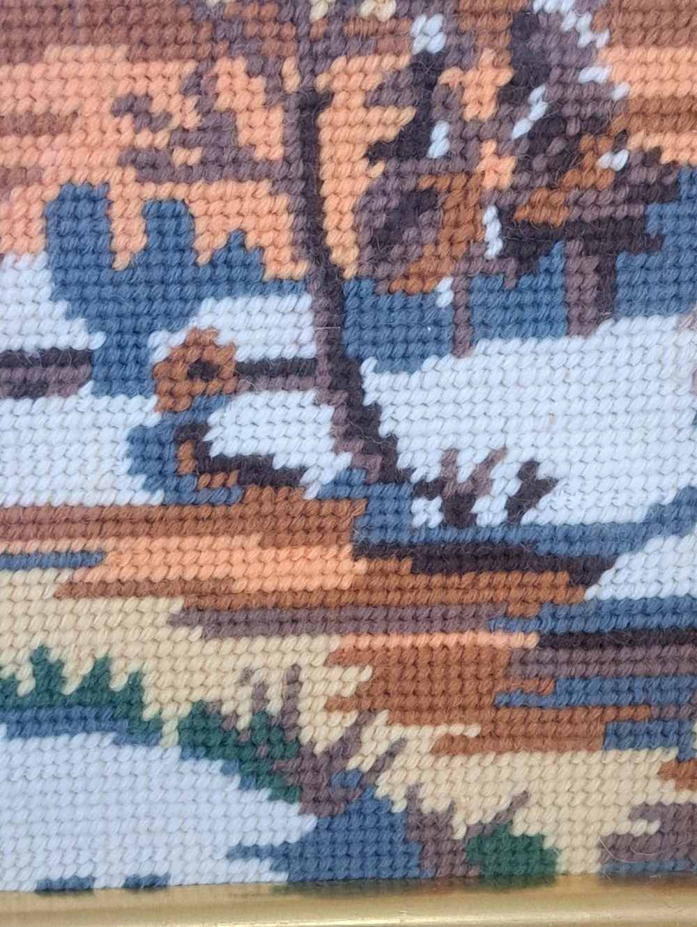 Vintage Needlepoint Framed Artwork Deer Cabins Nature Scene Woodland Classic - Picture 10 of 16